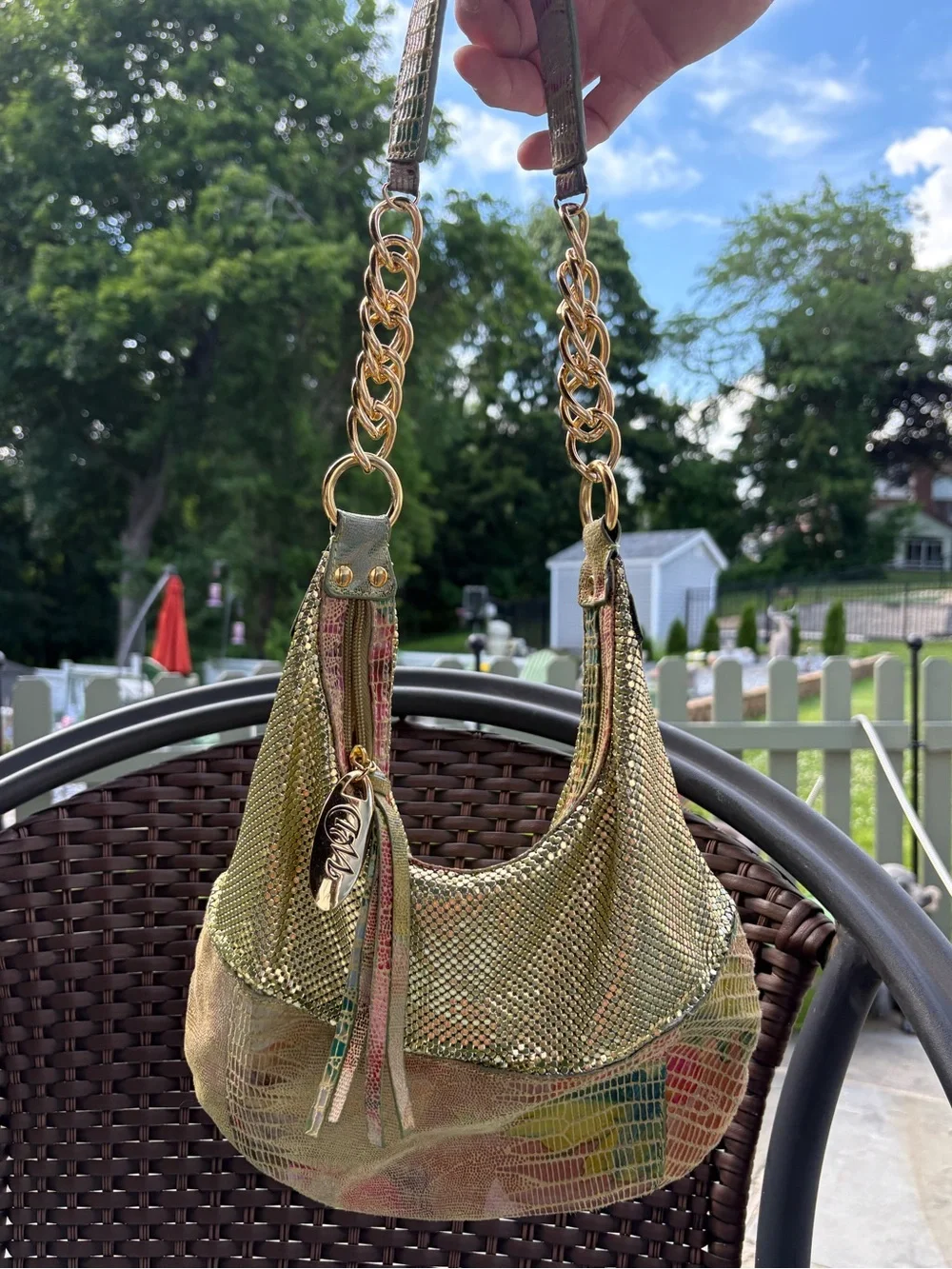 Vintage Whiting & Davis Gold and Green tone Snakeskin Mesh Shoulder Bag - Picture 1 of 7
